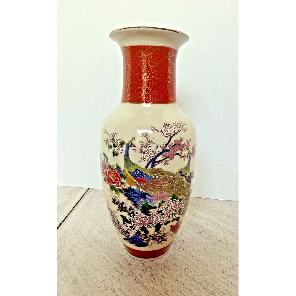 Japanese 10” Satsuma Porcelain Vase Hand Painted Peacock & Floral, Gold Trim Vtg